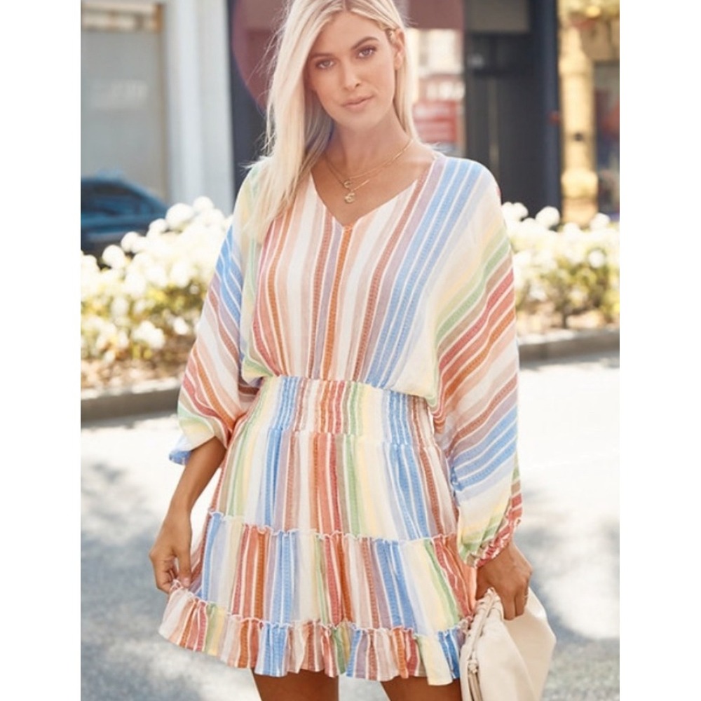 Hailey & Co Striped V Neck Smocked Waist Tiered Ruffle Dress Women's Sz M‎ Boho